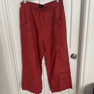Tahari Rust Relaxed Elastic-Waist Linen Pants